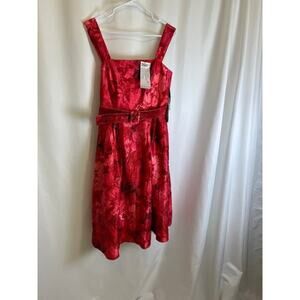 Tahari ASL Crinkled Floral Red Midi Belted Cotton Dress Size 8 MSRP $170